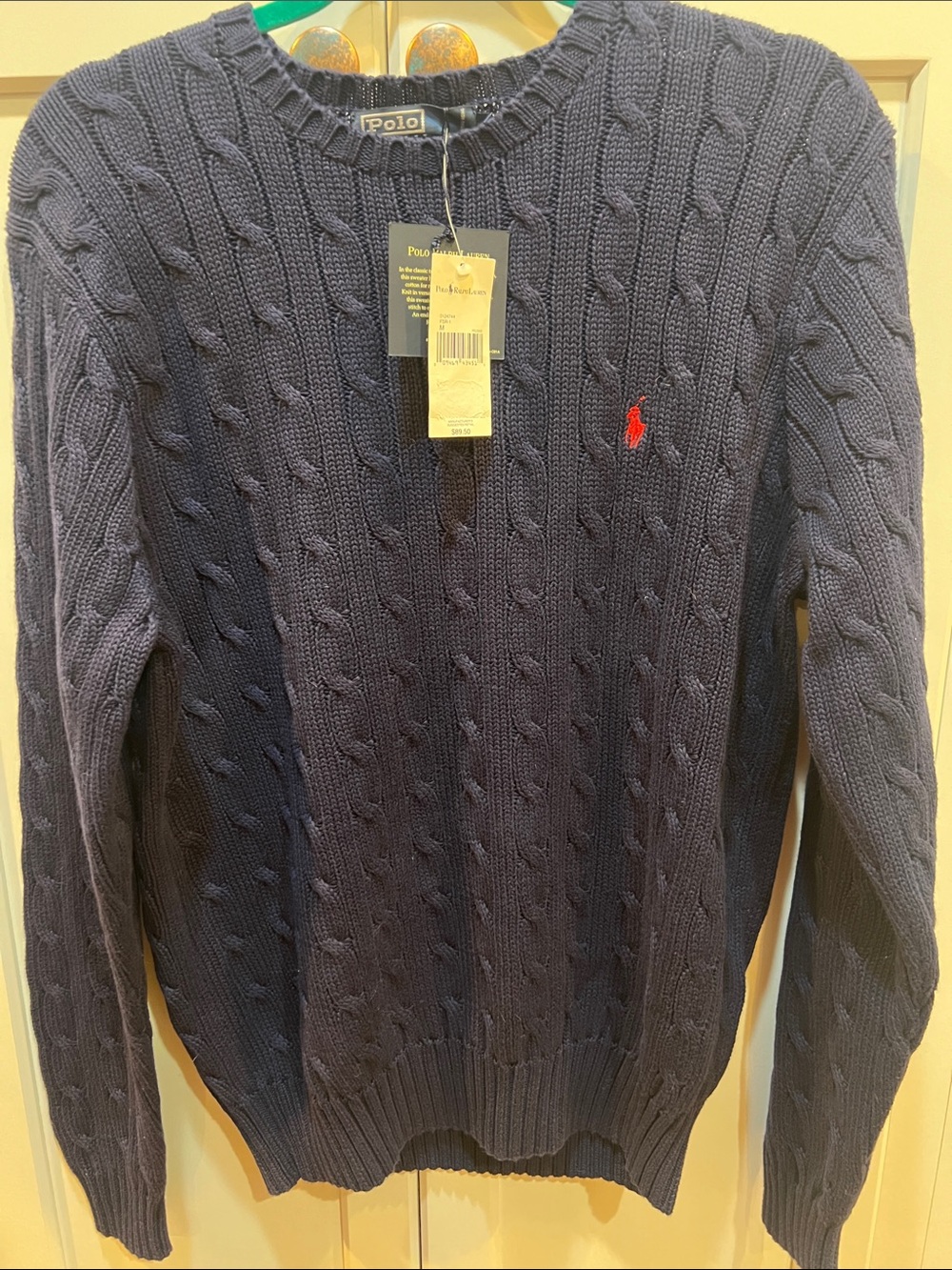 NOS Polo by Ralph Lauren Men’s Navy Cable-Knit Crewneck Sweater Red Pony NWT